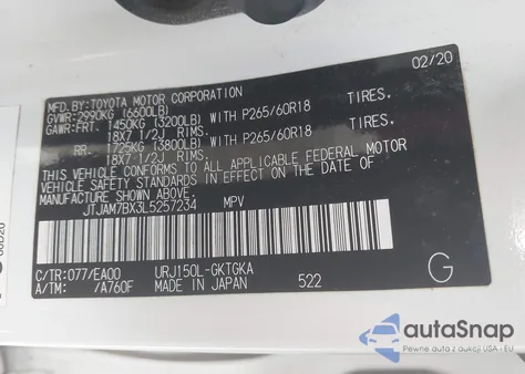 2020 Lexus Gx 460 Premium z USA, uszkodzony, nr VIN JTJAM7BX3L5257234